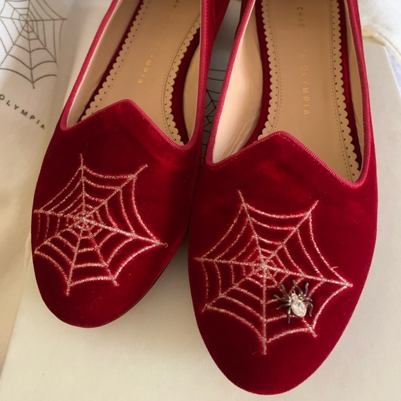NIB- CHARLOTTE OLYMPIA Spiderweb Flats - Crimson Red Velvet - Size 8 - Authentic - Picture 3 of 4